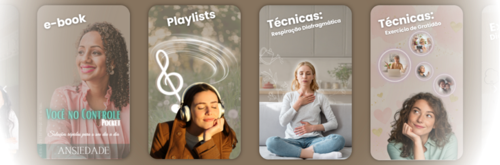 Interface de área de membros em estilo carrossel (semelhante à Netflix). Quatro cards verticais são visíveis: um e-book sobre ansiedade com a foto de Lívia Dias; uma playlist com uma mulher usando fones; uma técnica de respiração com uma mulher meditando; e um exercício de gratidão com fotos circulares e ilustrações de corações.