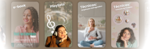 Interface de área de membros em estilo carrossel (semelhante à Netflix). Quatro cards verticais são visíveis: um e-book sobre ansiedade com a foto de Lívia Dias; uma playlist com uma mulher usando fones; uma técnica de respiração com uma mulher meditando; e um exercício de gratidão com fotos circulares e ilustrações de corações.